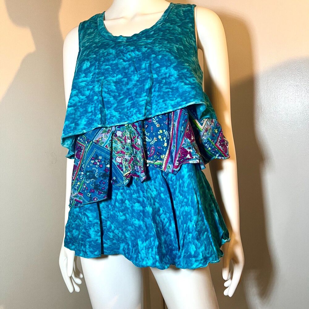 Vintage Y2K Asymmetrical Patchwork Tank Top M Boho Hippie Layered Tiered Ruffled